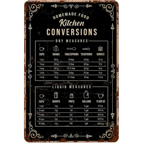 Kitchen Baking Conversion Chart - Vintage Komik Metal Tabela 12x8 Ev